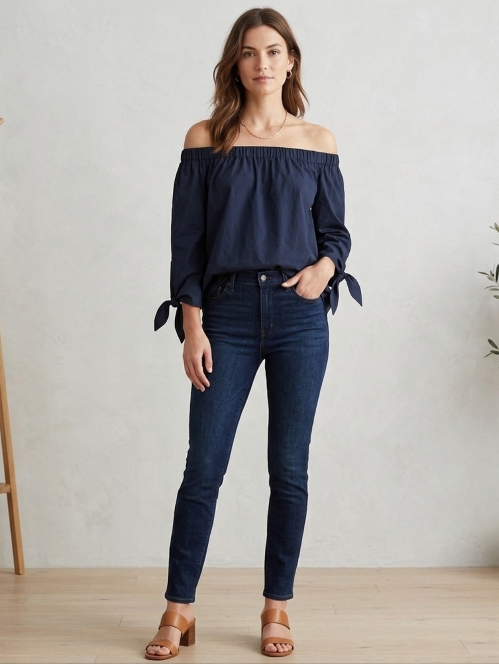 Free People Women Blouse Navy Blue Off-The-Shoulder Tie-Sleeve Top Size Medium